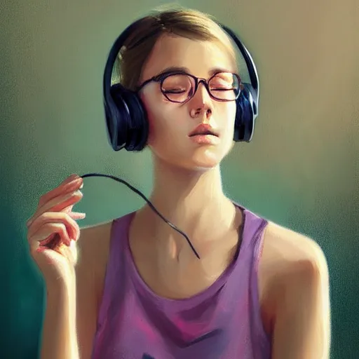 Prompt: portrait of beautiful woman listening to headphones, tank top, studying for school, art by wlop.