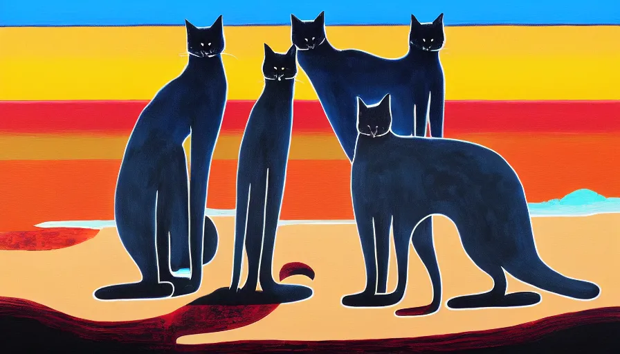 Image similar to contemporary semi abstract acrylic painting of really tall sitting cats by makoto shinkai, by stanley donwood, kessler art, thick brush strokes and visible paint layers, multicolor color scheme