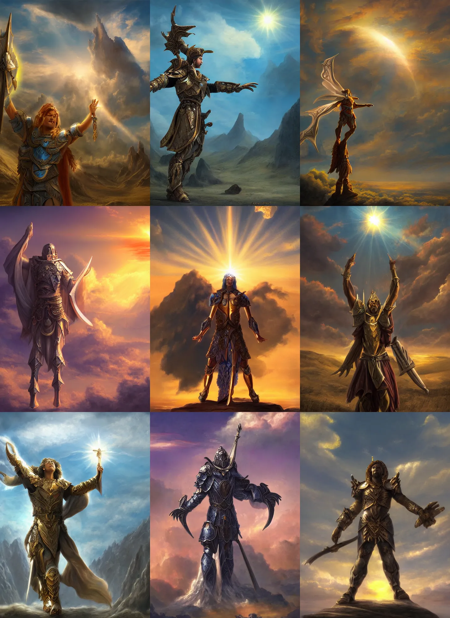 Prompt: paladin of the sun starring at the sky, with arms up, praying at the sun, matte painting, fantasy art