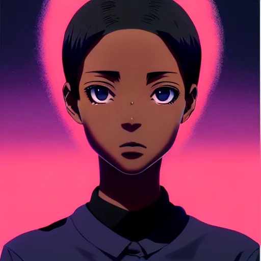 Image similar to anime poster film still portrait, black young woman, black skin colour, large, purple eyes!!!, white french bob, bomber jacket, detailed facial features, dynamic pose, cute face by ilya kuvshinov, yoh yoshinari, makoto shinkai, rimlight, cel shaded, 4 k