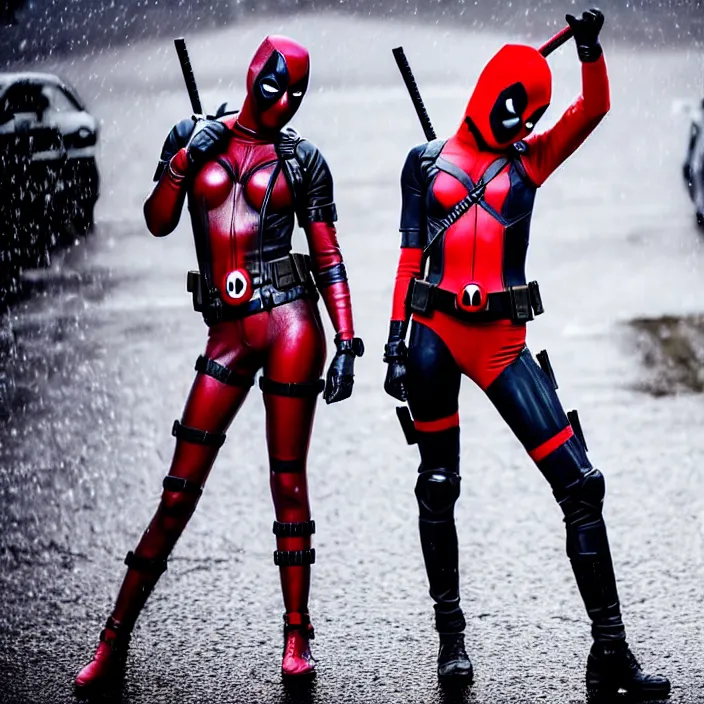 Image similar to fully body pose, photo of a very beautiful!! victoria secret model with deadpool mask on, wet, raining, 8 k, hdr, smooth, sharp focus, high resolution, award - winning photo, trending on artstation, dslr, 5 0 mm