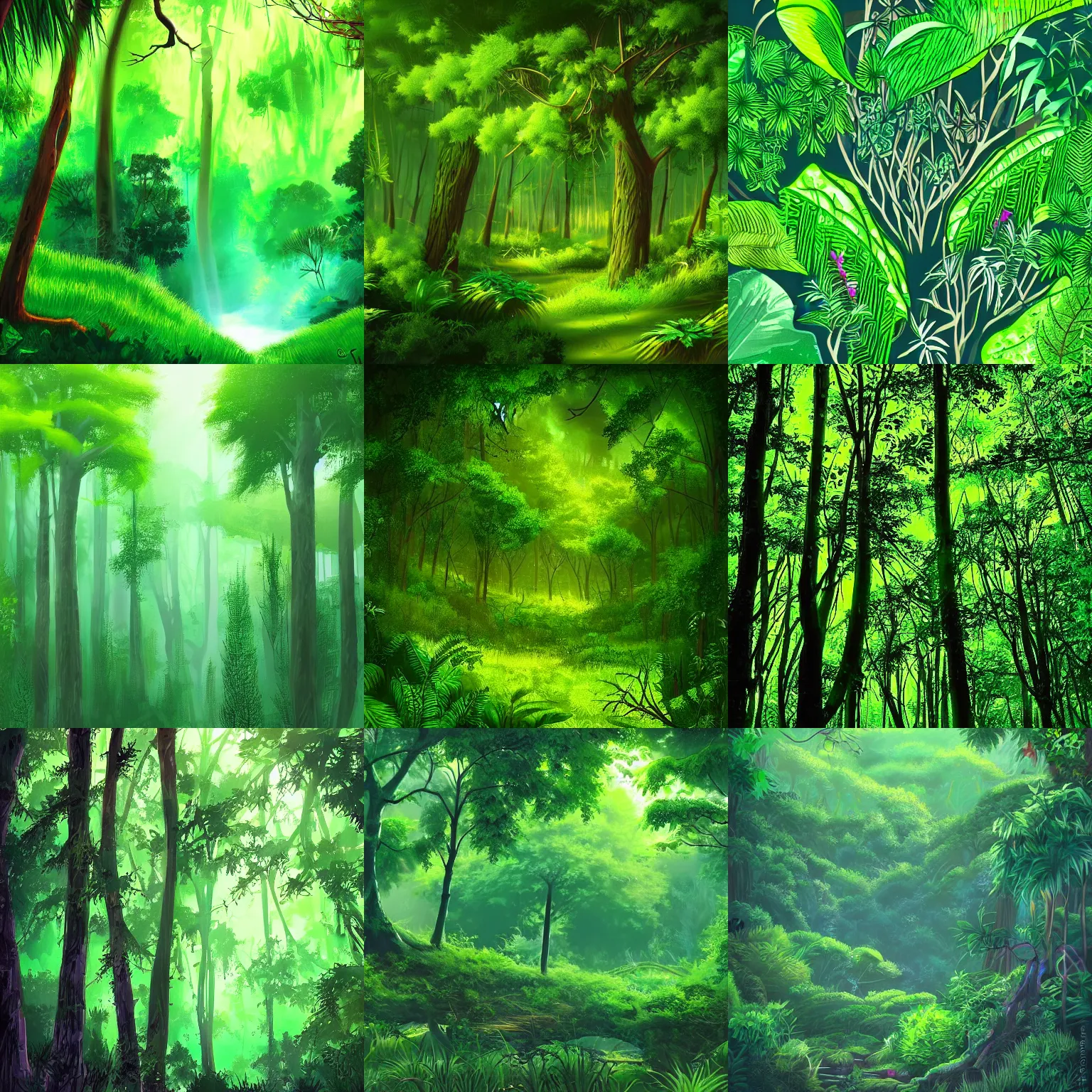 Prompt: lush green forest with lots of vegetation by yuumei art, neon colors