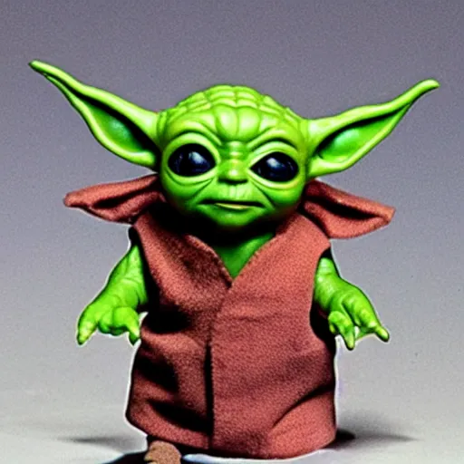 Prompt: baby yoda as a 1980's style Kenner action figure