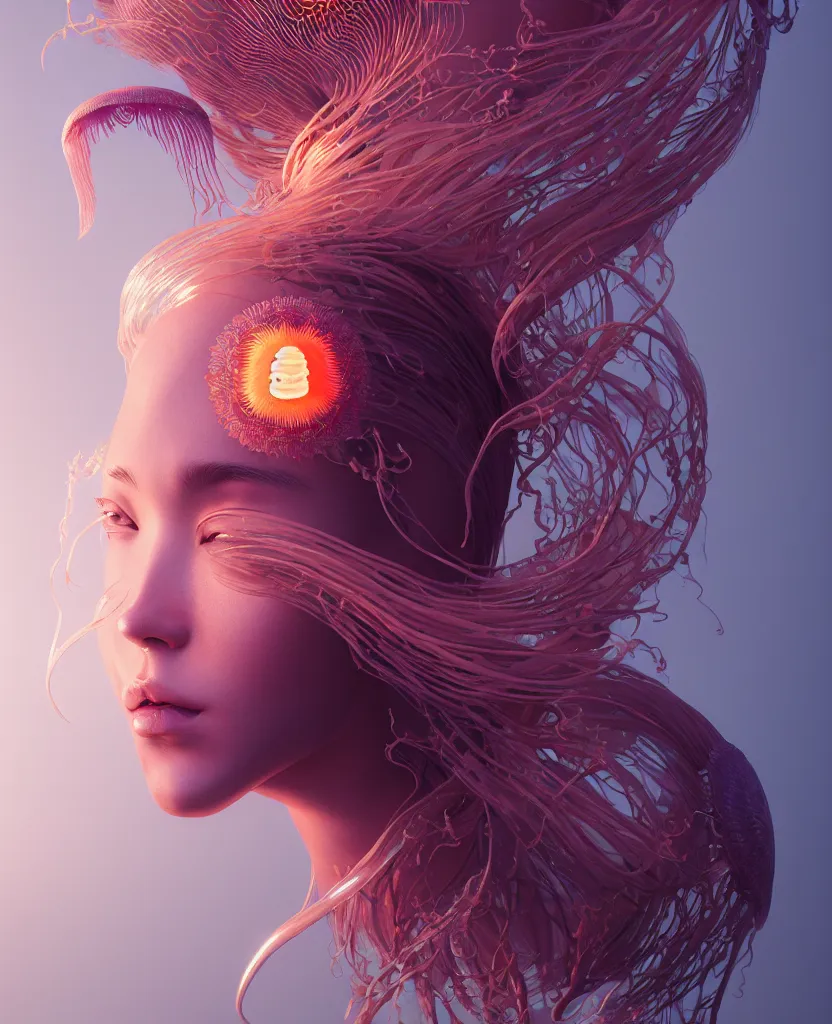 Image similar to goddess portrait. jellyfish phoenix head. intricate artwork by Tooth Wu and wlop and beeple. octane render, trending on artstation, greg rutkowski very coherent symmetrical artwork. cinematic, hyper realism, high detail, octane render, 8k