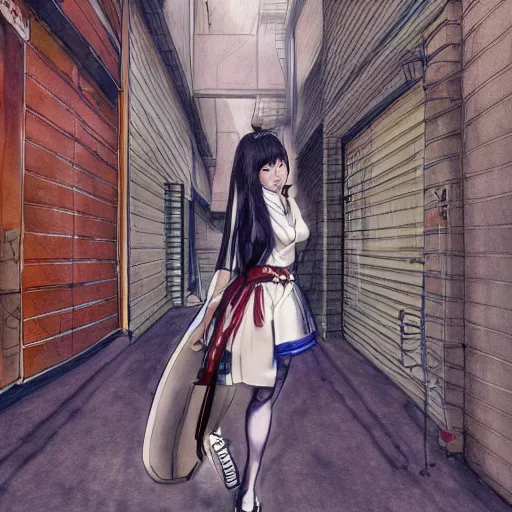 Image similar to a perfect, realistic professional digital sketch of a Japanese schoolgirl posing in a sci-fi alleyway, style of Marvel, full length, by pen and watercolor, fine details, by a professional American senior artist on ArtStation, a high-quality hollywood-style sketch, on high-quality paper