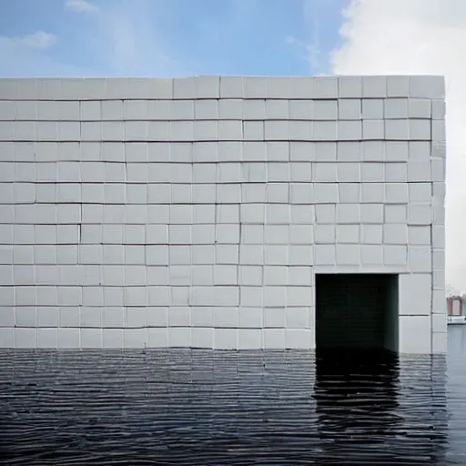 Image similar to flooded building entirely made of white tiles, liminal space, surreal, minimalist architecture,