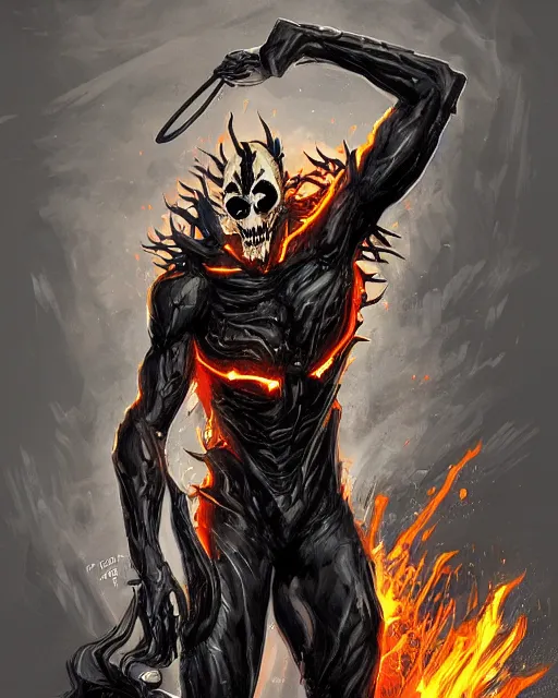 Image similar to ghost rider symbiote, dynamic lighting, fantasy concept art, trending on art station, stunning visuals, creative, cinematic, ultra detailed, comic strip style