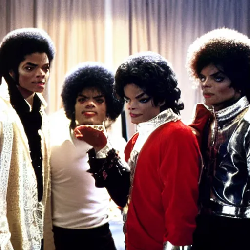 Image similar to michael jackson talking to the jacksons 5 afro michael jackson, movie still 8 k hdr atmospheric lighting