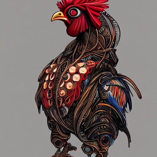 Prompt: a portrait of a intricate robotic rooster wearing a hoodie, artstation, illustration