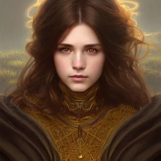 Image similar to brown haired mage medium portrait, gentle, female, city landscape, norway, d & d, fantasy, intricate, elegant, highly detailed, digital painting, brown and gold color palette, artstation, octane render, concept art, matte, sharp focus, illustration, herrarthstone, art by artgerm and greg rutkowski and alphonse mucha