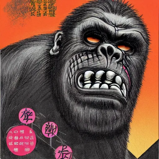 Image similar to glossy old advertising poster, king kong walking through crowded hong kong street, horror, drawn comic by junji ito, pastels, gradient