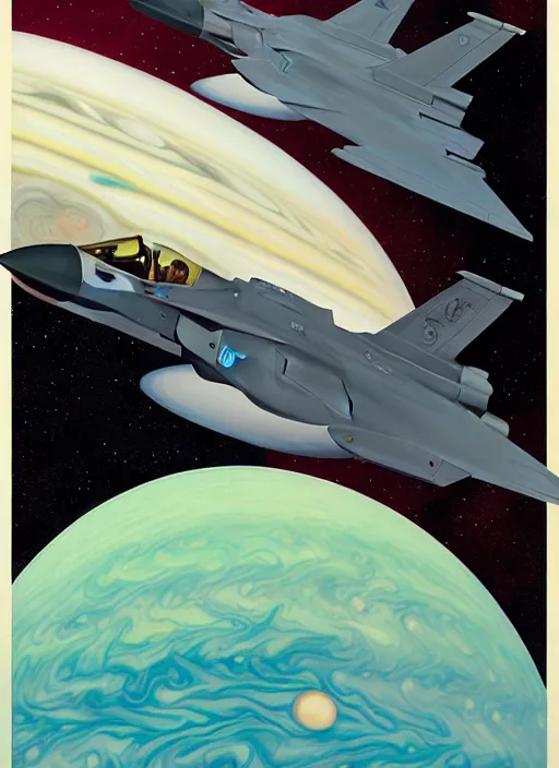 Image similar to poster artwork by michael whelan and tomer hanuka, a portrait, f 3 5 jets dogfighting in the clouds of jupiter, clean