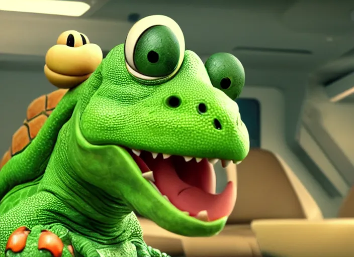 Image similar to film still of yoshi in the new sci - fi movie, cute upright dinosaur with a small turtle shell and long tongue, 8 k