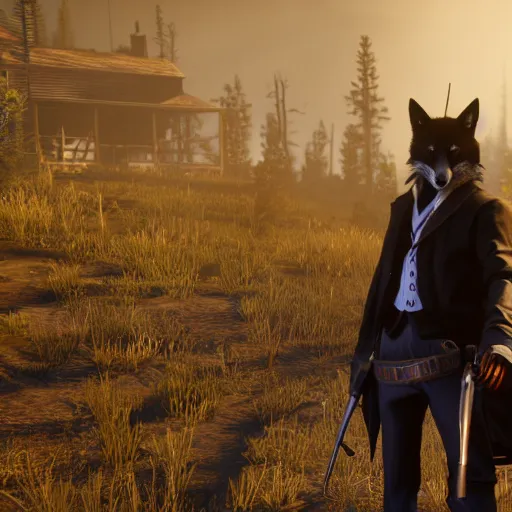 Prompt: anthropomorphic black fox, dressed as a rich man, in game screenshot of red dead redemption 2