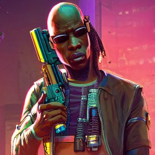 Image similar to Chidi. cyberpunk mercenary smoking a cigar. Style of James Gurney and Mœbius. (Cyberpunk 2077. Blade Runner. Apex Legends. The matrix)