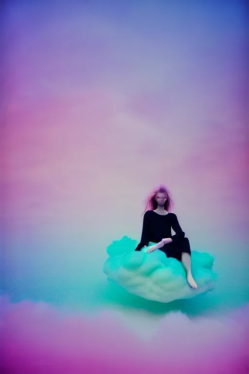 Image similar to high quality pastel coloured film close up wide angle photograph of a model wearing clothing swimming on cloud furniture in a icelandic black rock!! environment in a partially haze filled dreamstate world. three point light, rainbow. photographic production. art directed. pastel colours. volumetric clouds. pastel gradient overlay. waves glitch artefacts. extreme facial clarity. 8 k. filmic.