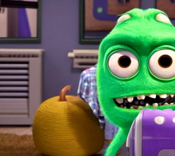 Image similar to mike wazowski covered in googly eyes, still from monsters inc
