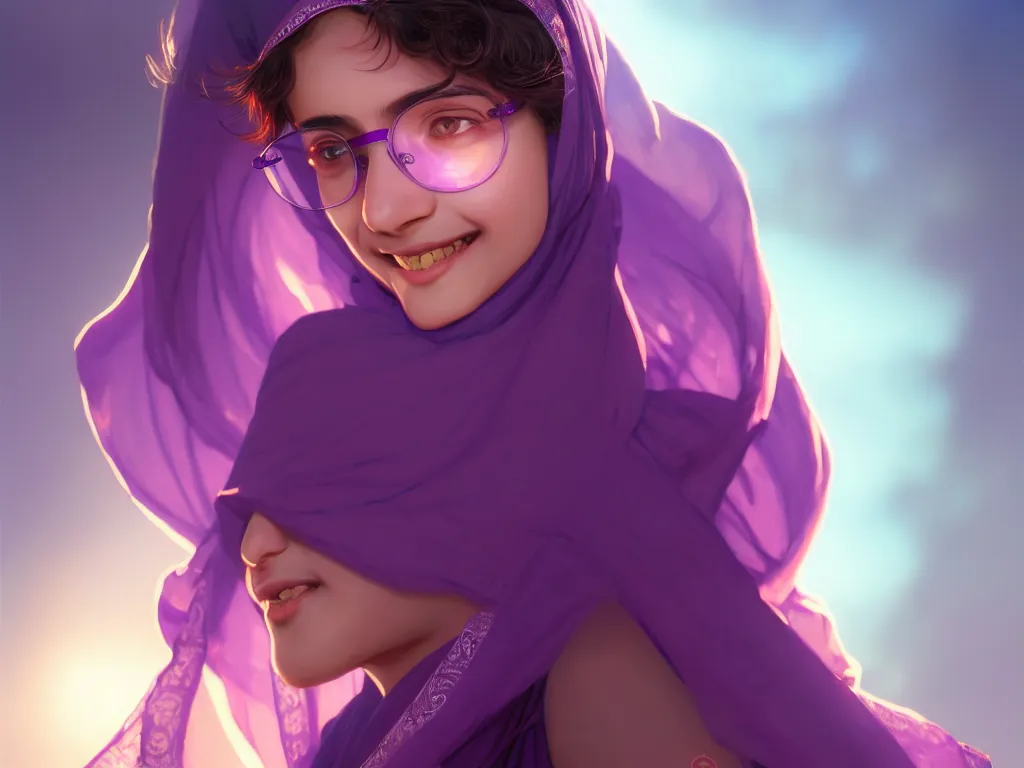 Prompt: beautiful young muslim hyderabadi female, cateye glasses, round face, purple colors, smile, light dress, illustration, cinematic lighting, 8 k, d & d, frostbite 3 engine, artstation, digital art, twilight ray, art by tsuyoshi nagano, greg rutkowski, artgerm, alphonse mucha