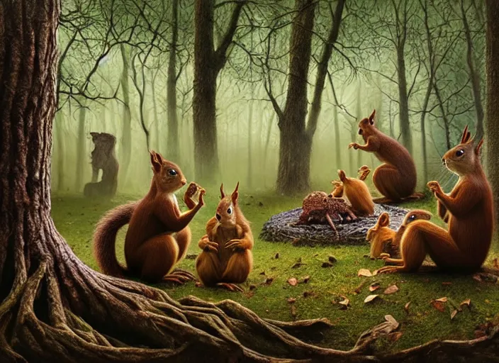 Prompt: photo, squirrels sitting around a gory circle, woodland location, stefan kostic and david cronenberg, realistic, sharp focus, 8 k high definition, intricate, chiaroscuro, elegant, perfect faces, symmetrical face, extremely detailed, hypnotic eyes, realistic, fantasy art, masterpiece zdzislaw beksinski, national geographic, artgerm
