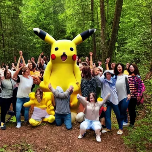 Prompt: photo of a group of people worshipping a giant pikachu in a forest