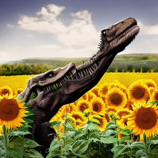 Image similar to Tyrannosaurus rex giving a high five to a caveman in a field of sunflowers, realistic, photograph, monochrome, Ansel Adams, HD