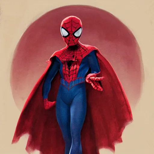 Image similar to spiderman wears a doublet whilst wearing a red velvet Cape , alexanre benois edward julius detmold jehan choo jeff simpson raphael lacoste guillem h. pongiluppi grisaille