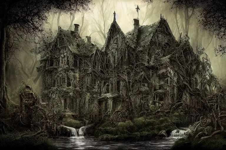 Prompt: haunted mansion next to a ravine and stream and forest, low fantasy, detailed, intricate, elegant, haunting, luxurious, ominous, matte painting, dark fantasy, grimdark