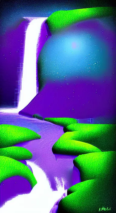 Image similar to purple planet with waterfall pixel artwork, digital art, award winning