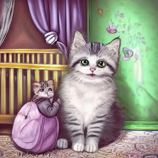 Image similar to Cat-mom is sitting in the green armchair and reading the Harry Potter book to his cute baby kittens in the cute fairy-like bedroom. Kittens hug each other while listening. Alice in Wonderland movie style. Realistic, digital art, highly detailed, photo realistic. emotionally evocative, cute eyes, round cats, cozy home.