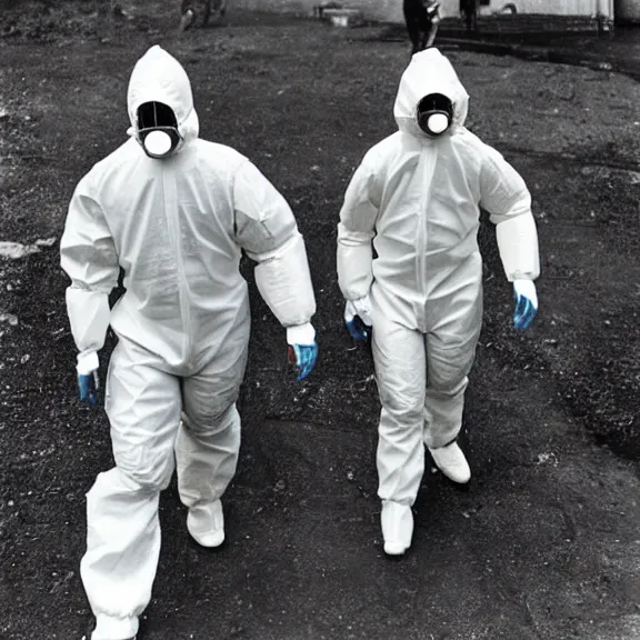 Prompt: two scientists wearing high viz rick owens hazmat suits with their hands in their pockets escaping the glowing geometric vortex by frank frazetta