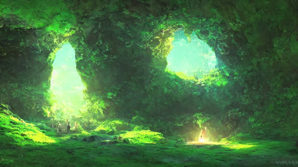 Prompt: A cave entrance with a glowing green crystal on the ground, mystical, surreal, fantasy, fairytale, magical, glowing, light, 3D environment, art by Makoto Shinkai