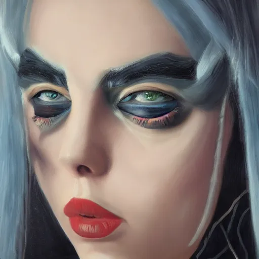 Image similar to Billie Eilish as female loki, oil on canvas, noir, trending on artstation, by Shigeru Miyamoto