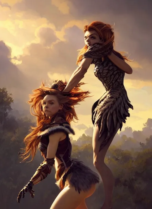 Image similar to natalie dormer wearing a miniskirt doing a backflip, beautiful seductive face, intricate, elegant, highly detailed, digital painting, artstation, concept art, smooth, sharp focus, illustration, art by artgerm and greg rutkowski and alphonse mucha, horizon zero dawn 8 k, tim burton