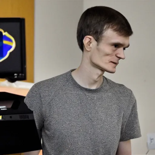 Prompt: a fbi raid at vitalik buterin house, the house is full of computers and bread crumbs