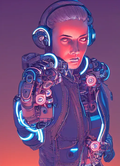Image similar to portrait of a cyborg humanoid girl with mechanical and electronic element, denim jacket surrounded by neon light, illustrated by Michael Whelan and Laurie Greasley, highly detailed, trending on artstation