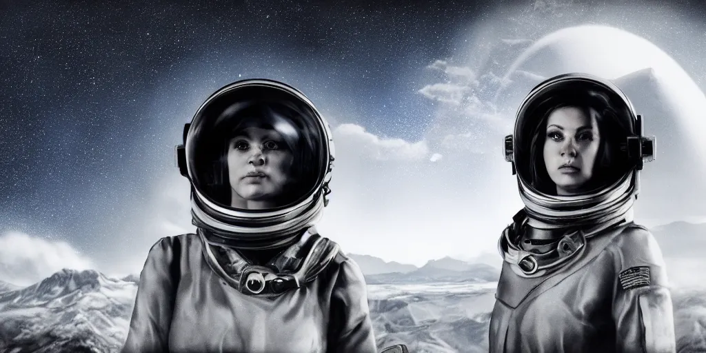 Image similar to portrait of a woman wearing a space helmet, scifi, gigantic mountains visible in the background, big clouds, stars in the sky, 8k, unreal engine, charcoal portrait, drawing