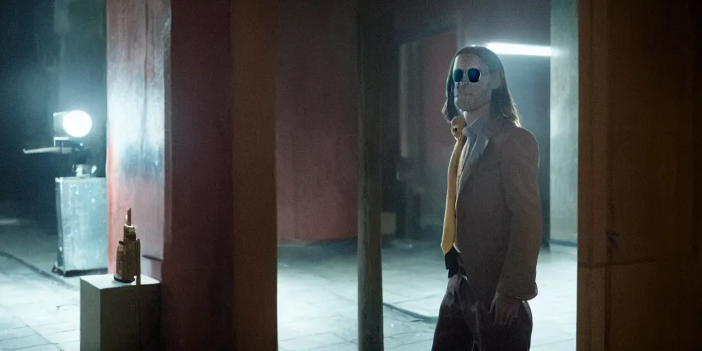 Prompt: Jared Leto as Arthur Fleck in 'Joker' (2019), movie still frame, only one person in frame, oscar nominated cinematography, volumetric lighting, 8k resolution, beautiful composition