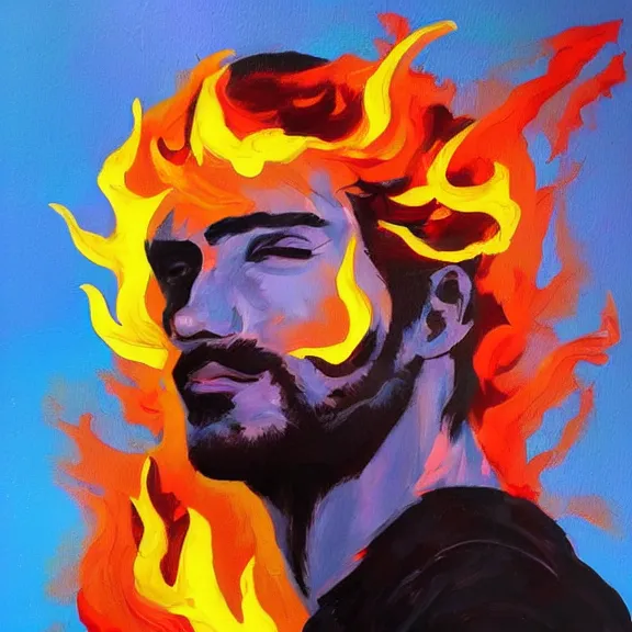 Image similar to abstract painting of man on fire. Handsome. Long hair. portrait. ArtStation. Impressionist. Rule of thirds. Silouette. Pain.
