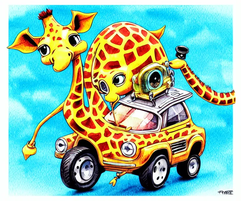 Image similar to cute and funny, giraffe wearing a helmet riding in a tiny hot rod with oversized engine, ratfink style by ed roth, centered award winning watercolor pen illustration, isometric illustration by chihiro iwasaki, edited by range murata, tiny details by artgerm and watercolor girl, symmetrically isometrically centered