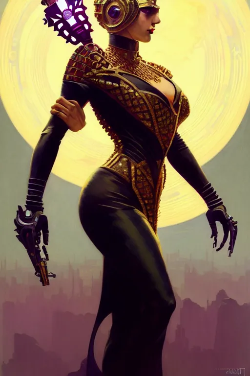 Image similar to art deco gta 5 killer queen profile picture by greg rutkowski, dynamic pose, intricate, futuristic, fantasy, elegant, by stanley artgerm lau, greg rutkowski, thomas kindkade, alphonse mucha, loish, norman rockwell, fantasy lut, asymmetric, long hair, retro computer graphics, video game, fluid lines,