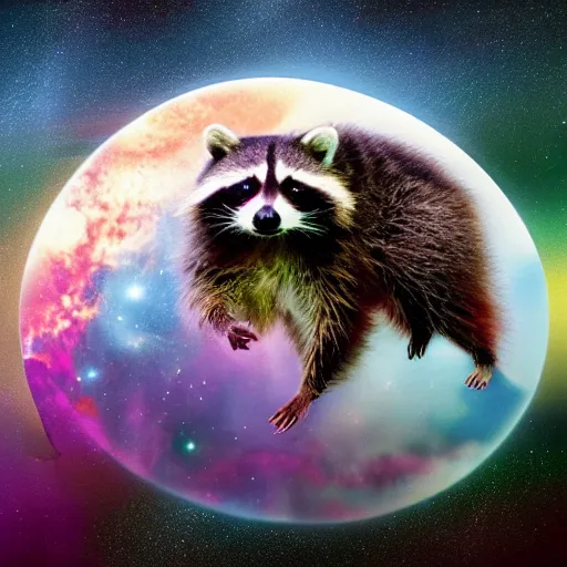 Image similar to confused raccoon floating through the cosmos, poorly photoshopped,