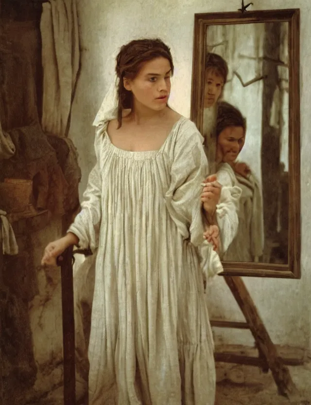 Image similar to peasant trying dress in front of a mirror, on a village, Cinematic focus, Polaroid photo, vintage, neutral colors, soft lights, foggy, by Steve Hanks, by Serov Valentin, by lisa yuskavage, by Andrei Tarkovsky 8k render, detailed, oil on canvas