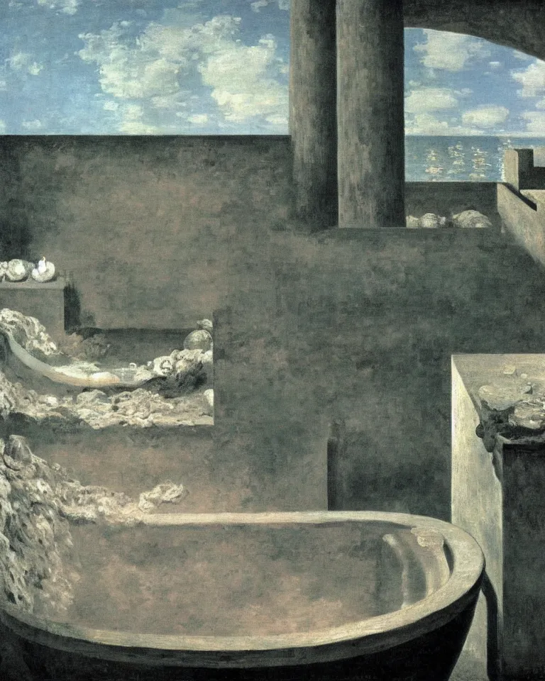 Image similar to achingly beautiful painting of an ancient roman bathtub by rene magritte, monet, and turner. piranesi.