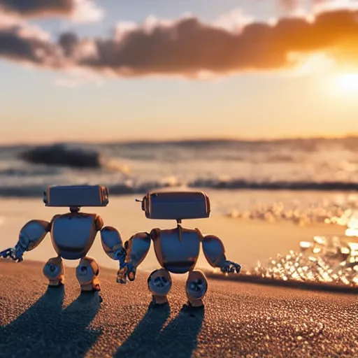 Image similar to cute tiny robots holding hands taking a stroll on the beach golden hour with lots of cute hearts floating in the air at sunset