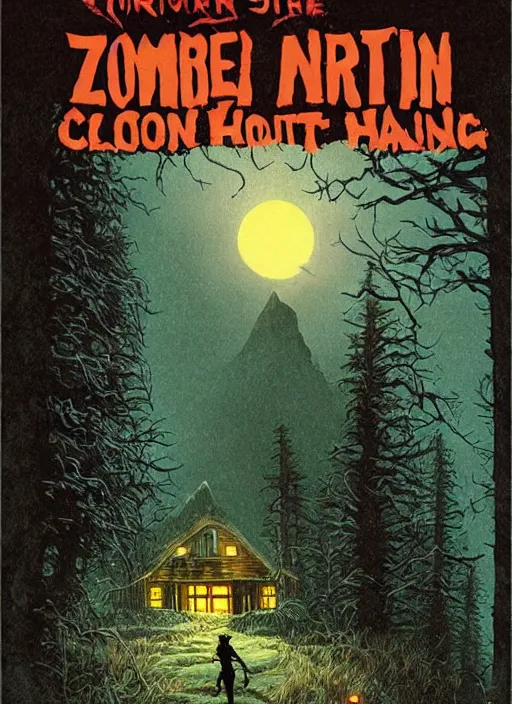 Prompt: horror poster artwork, a zombie outside a cozy cabin in the mountain, at night, by michael whelan, clean