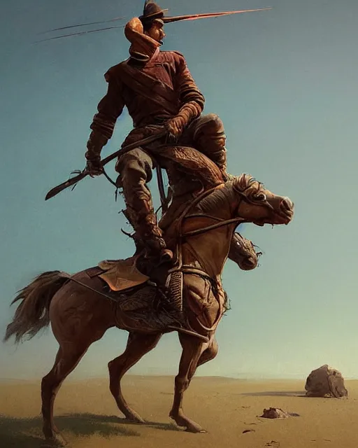 Image similar to a highly detailed epic cinematic concept art CG render digital painting artwork: Tatar traditional hero with a laptop on a horse. By Greg Rutkowski, in the style of Francis Bacon and Syd Mead and Norman Rockwell and Beksinski, open ceiling, highly detailed, painted by Francis Bacon and Edward Hopper, painted by James Gilleard, surrealism, airbrush, Ilya Kuvshinov, WLOP, Stanley Artgerm, very coherent, triadic color scheme, art by Takato Yamamoto and James Jean