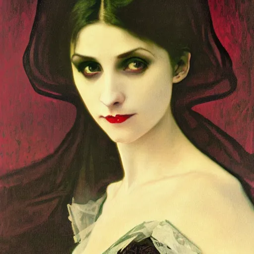Image similar to A beautiful painting of a lady vampire, victorian, dracula, ominous, oil on canvas, photorealism, alphonse mucha, Johann Heinrich Füssli, irwin penn, high definition, soft light