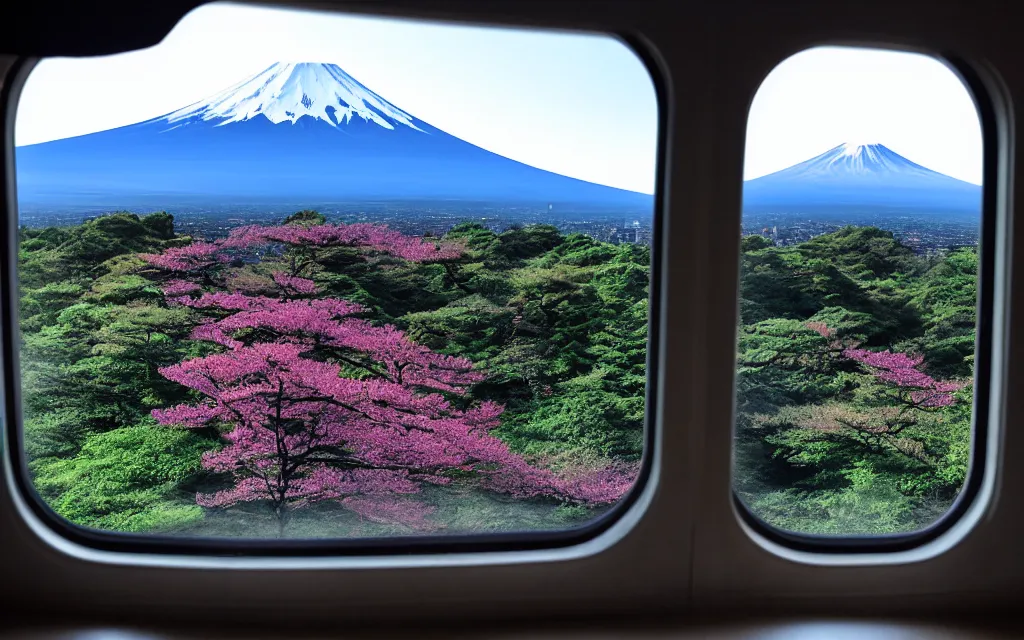 Image similar to a photo of mount fuji, among beautiful japanese landscapes, seen from a window of a train. dramatic lighting.