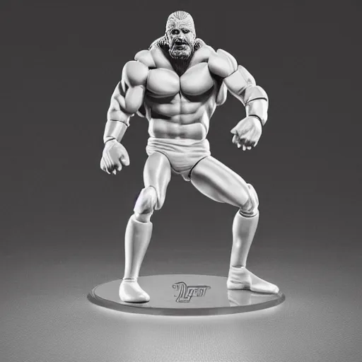 Image similar to Full body shot of a highly detailed flexible Triple H vinyl plastic figurine as a villain, white background, 3d, high quality, depth of field, high contrast, 8k, concept art, smooth, sharp focus, highly detailed, wrestling, WWE