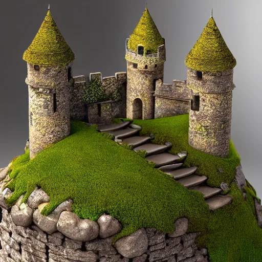 Prompt: minature castle on a rock, mossy, octane render, 4 k, macro photography, detailed medieval castle